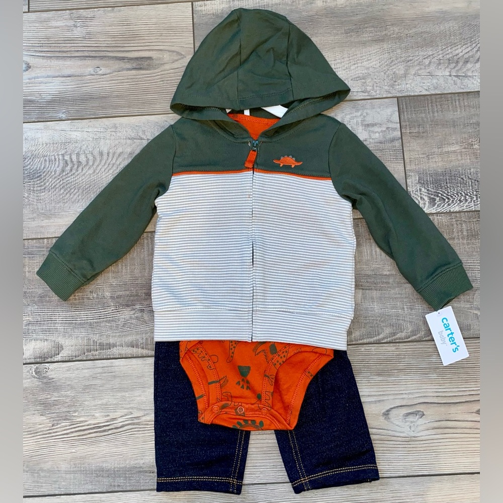 NWT Carter’s Dinosaur Dino Green Hoodie Onsie Faux Jean Leggings 3pc Outfit 18M